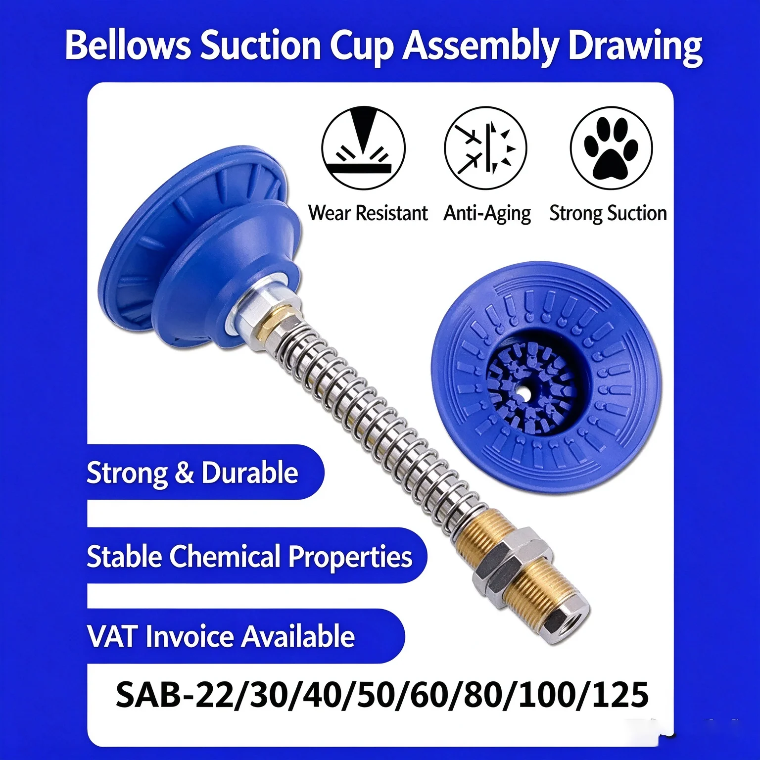 Mechanical Arm Parts Various Sizes Available SAB22 SAB Series Vacuum Suction Cup Nitrile Rubber Corrugated Strong for Industrial