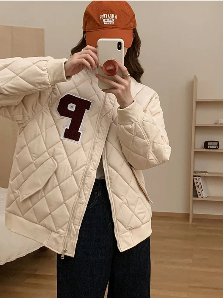 Zoki Streetwear Thick Baseball Parkas Women Vintage Argyle Winter Coat Korean Letter Zipper Casual All Match Female Warm Jacket