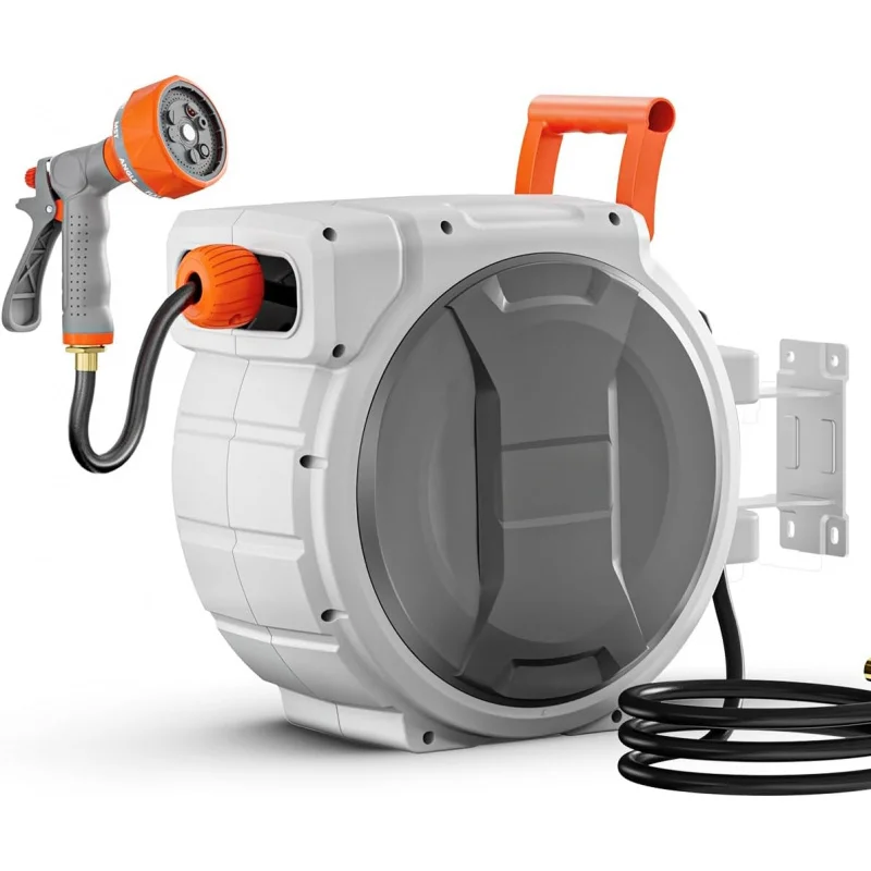 5/8 Inch x ft Wall Mounted Retractable Garden Hose Reel, Heavy Duty with 9-Pattern Nozzle, Any Length Lock
