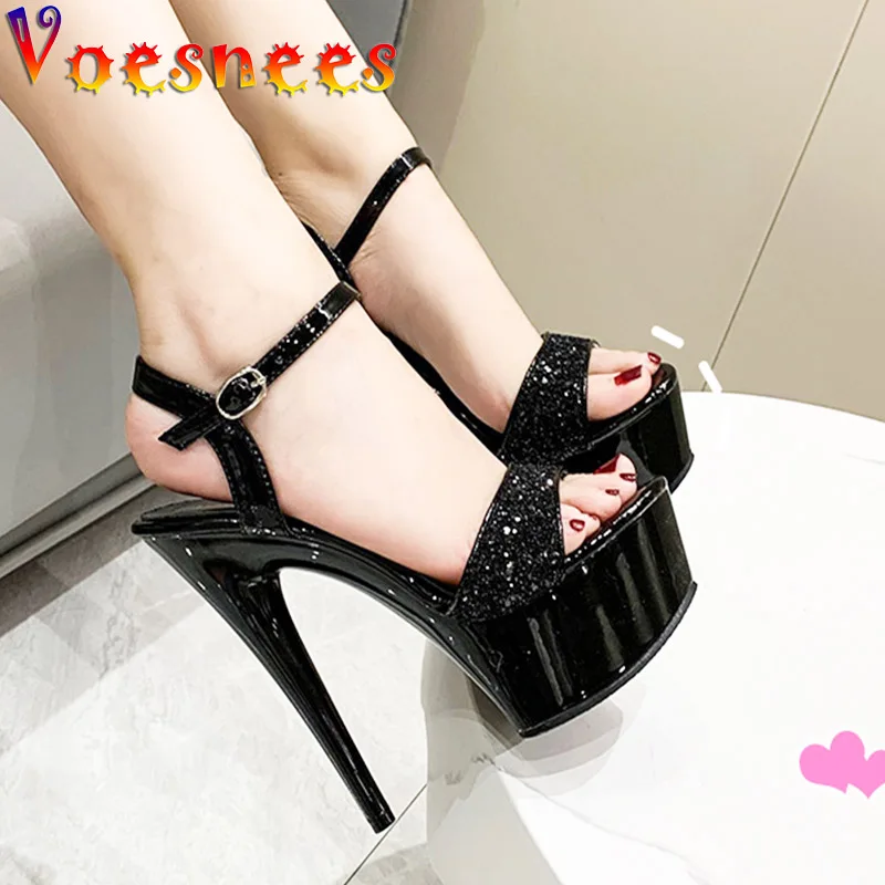 Black Platform Sandals Women\'s Party Dress Elegant High Heels Summer New Stiletto Shiny Sequins Wedding Shoes Zapatillas Mujer