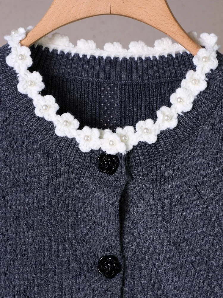 French Elegant Sweet Knitted Skirt Set Beaded Round Neck Long Sleeve Cardigan High Waist Pleated Skirts Two-Piece Set for Women