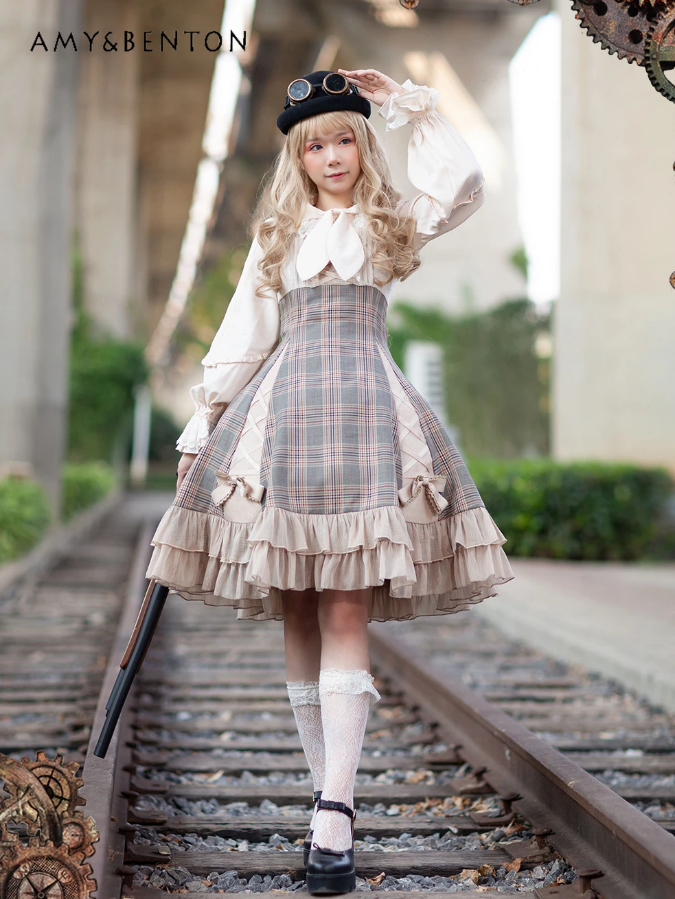 

Autumn New Elegant Graceful Daily Lolita Dress Sets Vintage Bow Plaid Stitching Ball Gown Dress Long Sleeve Shirt Two-Piece Sets