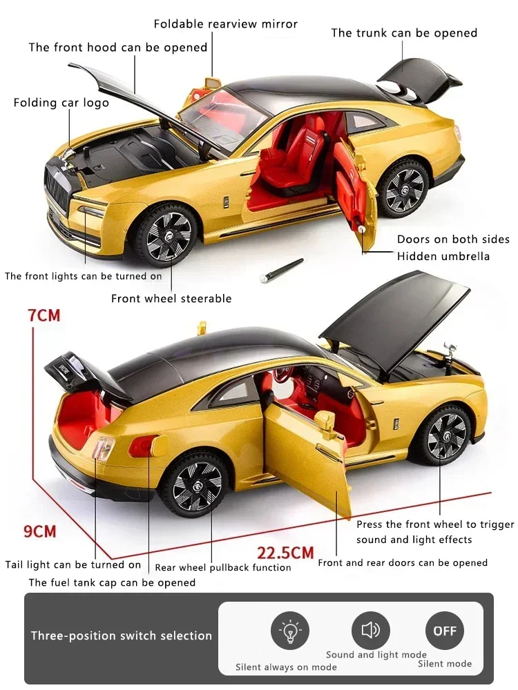 Nuevo modelo de coche de aleación brillante Rolls-Royce 1:24, simulación de sonido y luz, coche de juguete extraíble, adornos de colección de Metal para niños, regalo