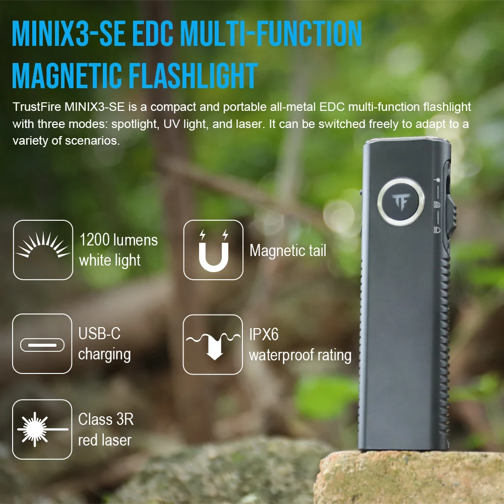 Trustfire MINIX3-SE Multifunctional EDC Flashlight 1200LM with 365nm UV 3R Red Light White Flood LED Torch ​IPX6 USB Rechargeble