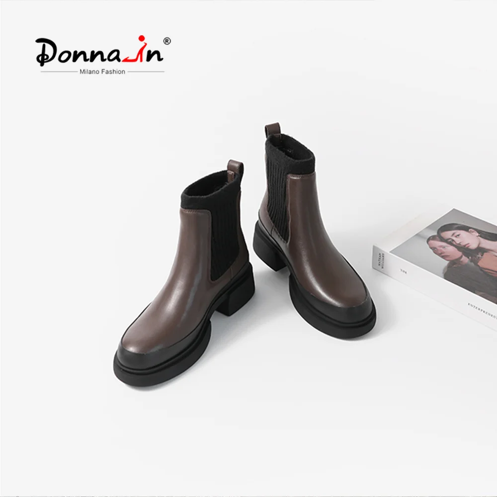 Donna-in Stretch Chelsea Boots For Women Thick Sole Square Heel Round Toe Calfskin Leather Knitted Paneled Cowhide Ankle Boots