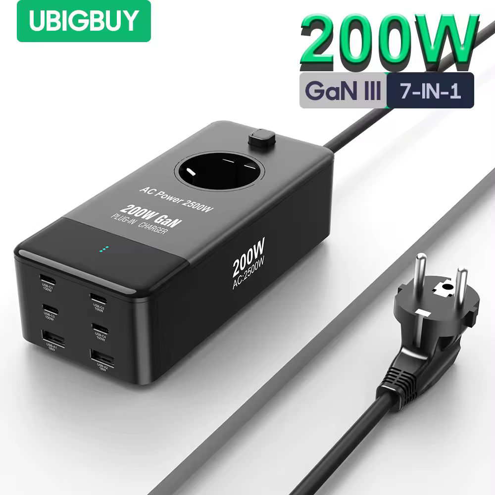 200W Fast Charging Station Power Strip GaN USB C PD 100W Charger 7 in 1 Power Adapter for MacBook Pro iPhone 15 Laptops Tablets