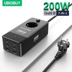 200W Fast Charging Station Power Strip GaN USB C PD 100W Charger 7 in 1 Power Adapter for MacBook Pro iPhone 15 Laptops Tablets