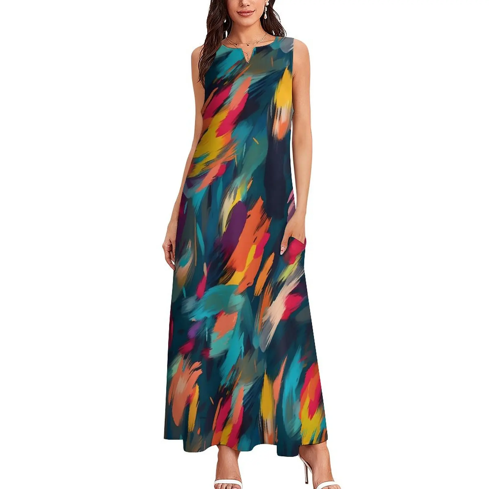 Colorful Brush Print Dress Abstract Art Cute Maxi Dress Korean Fashion Boho Beach Long Dresses Womens V Neck Oversize Vestido