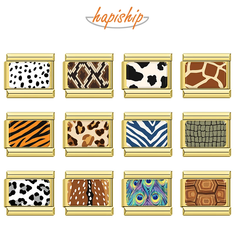 Hapiship Animal Italian 9mm Stainless Steel Module Charms Leopard Zebra Pattern Splicing Bracelet Jewelry Accessories TZ340