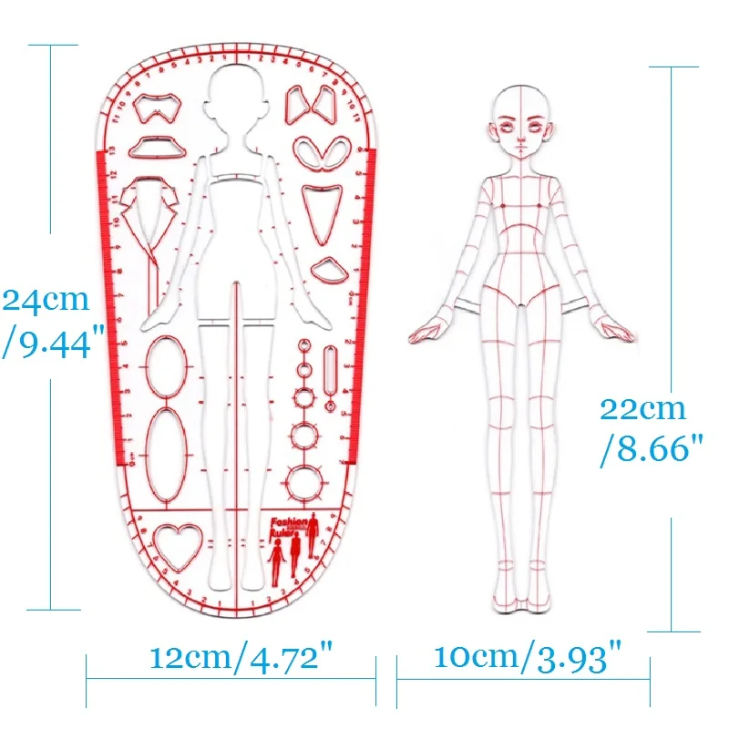 2 pcs/set Fashion Girl Ruler Fashion Illustration Template Girls\' Clothing Design Measurements Contains Body Proportion Guide