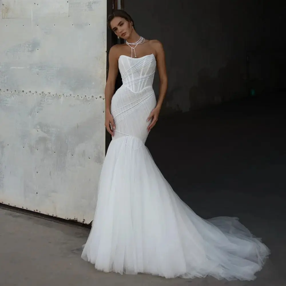 Simple White Mermaid Wedding Dresses Sweetheart Pearls Civil Bridal Gowns Modern Women Beading Vestidos De Mariee Customzied
