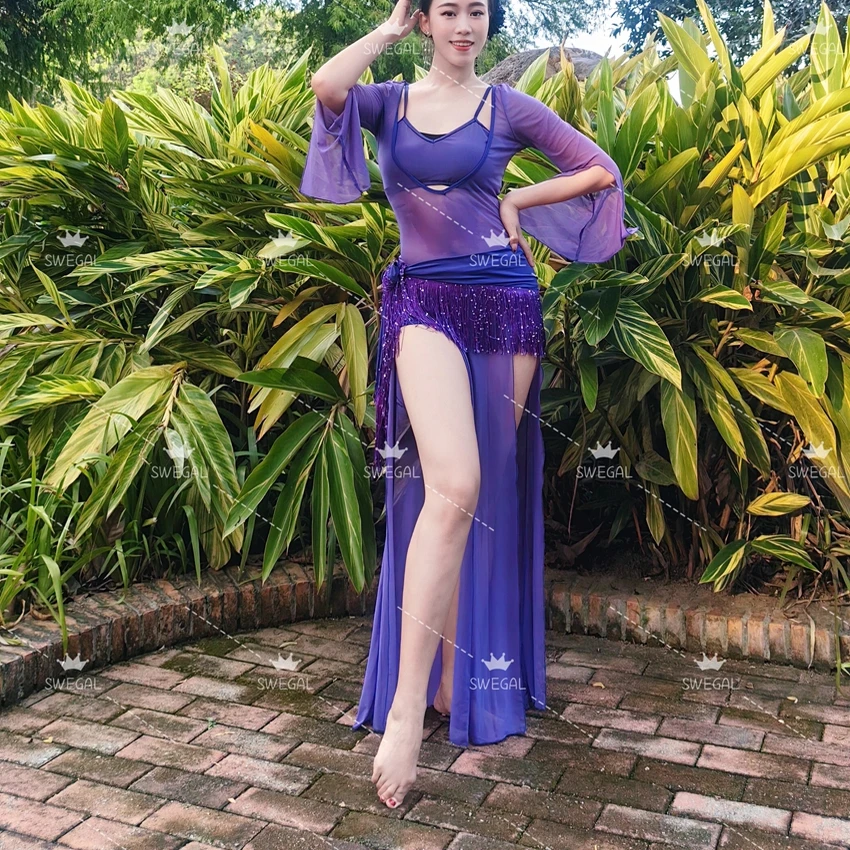Customized Swegal Belly Dance Costumes 2025 New Oriental Dance Costume Deep Purple Mesh Open Sleeve Robe Four Piece Set