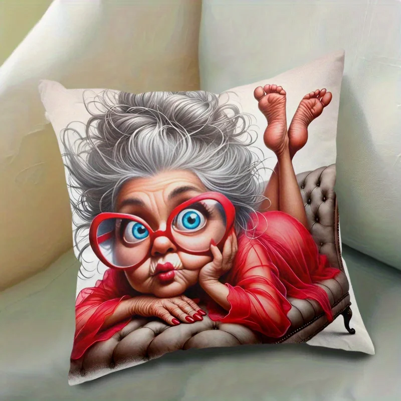 1pc Funny Red Dress Grandma Print Throw Pillow Cover,Suitable for Sofa,Bedroom,Living Room,A Fun Gift for Seniors