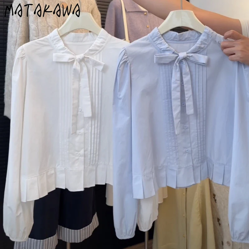 

Matakawa Sweet Bows Blouses Solid Spring Autumn Korean Fashion Elegant Women Shirts Folds Vintage Simple Blusas Mujer