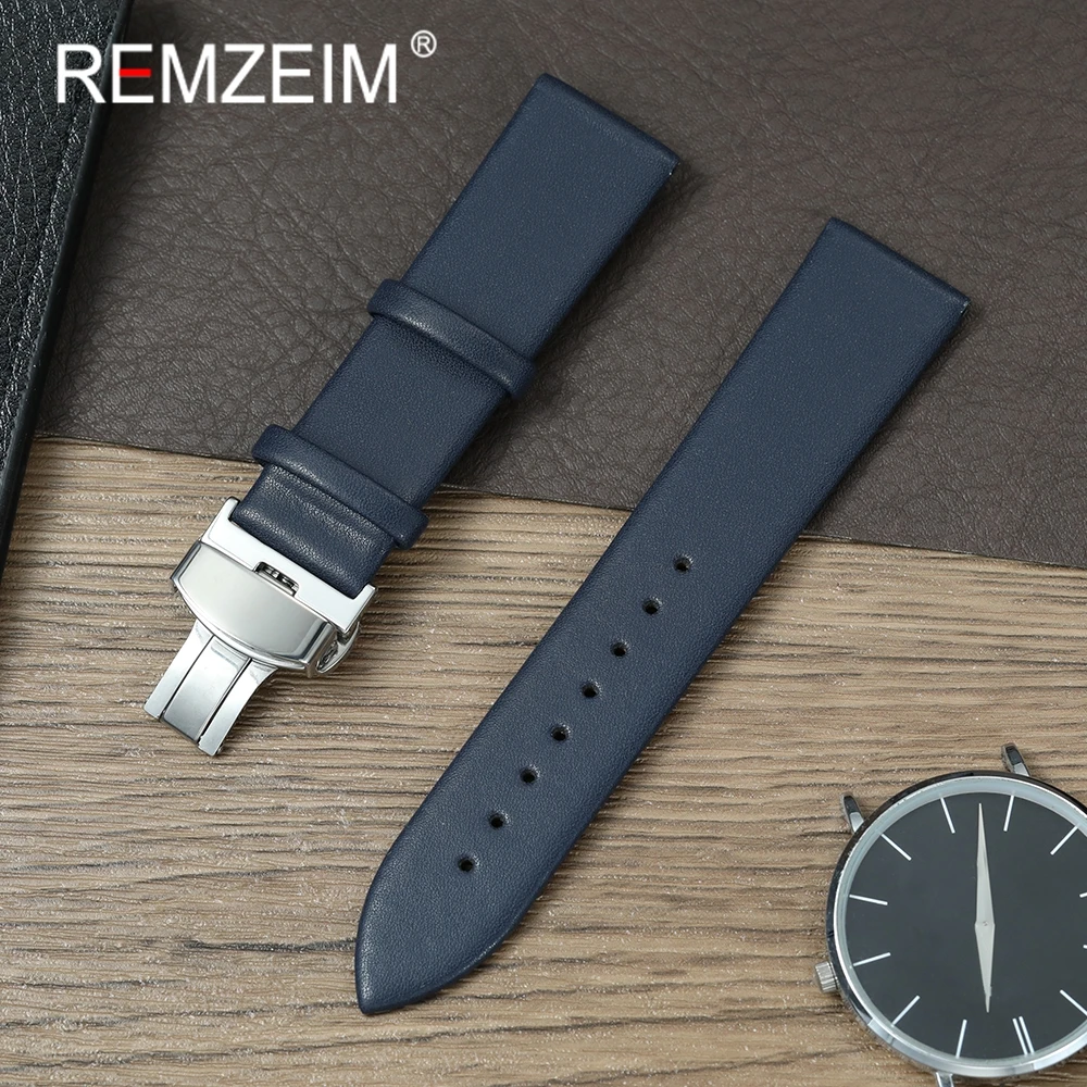 Weiches Kunstleder, ultradünnes Uhrenarmband, ersetzt Uhrenarmband, 18 mm, 20 mm, 22 mm, Edelstahl-Armbänder mit Schmetterlingsschnalle