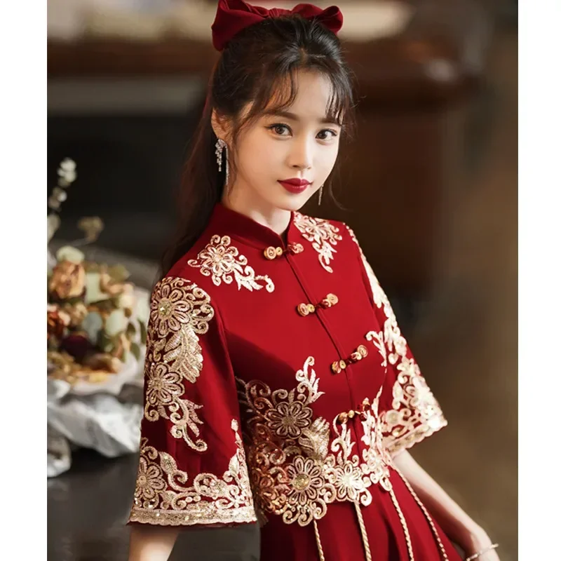 Traditional Red Bridal Dress Chinese Wedding Cheongsam Vintage Elegant Toast Clothing Modern Evening Party Gown Qipao Vestido