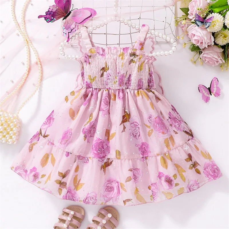 

Tregren Toddler Girls Butterfly Wings Princess Dress Flower Print Ruffled Trim Smocked Sleeveless A-Line Dress for Party Daily