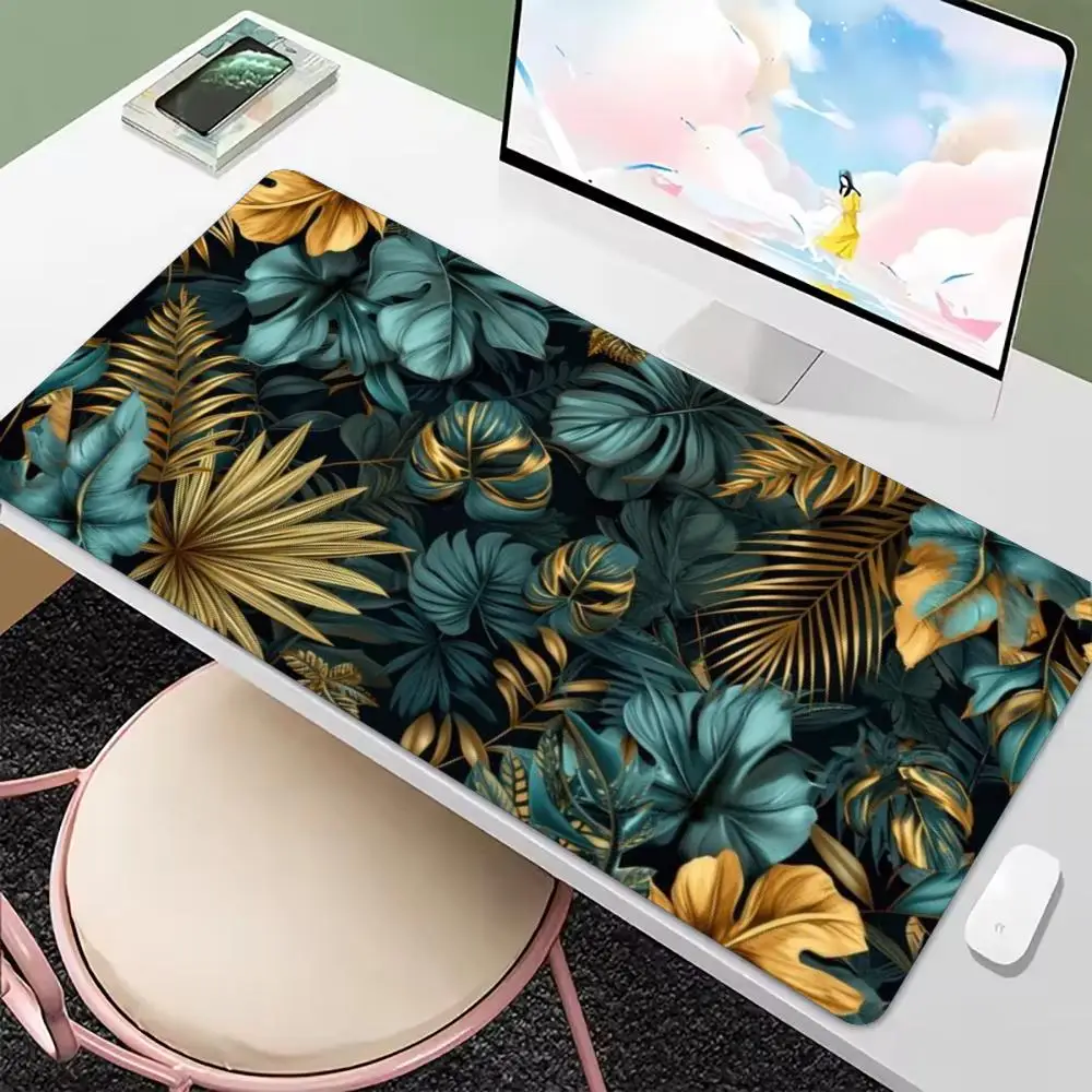 Non Slip Rubber Keyboard Desk Mat Tropical Golden Green Leaves Large Extended Gaming Mouse Pad Smooth Surface For Laptop