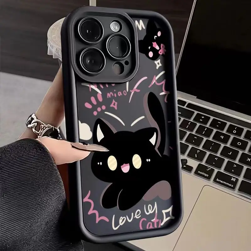 Cute Cartoon Cat Phone Case For iPhone 14 15 11 12 13 Pro Max XS X XR 7 8 14 15 Plus SE 2022 Candy Color Soft Silicone Cover