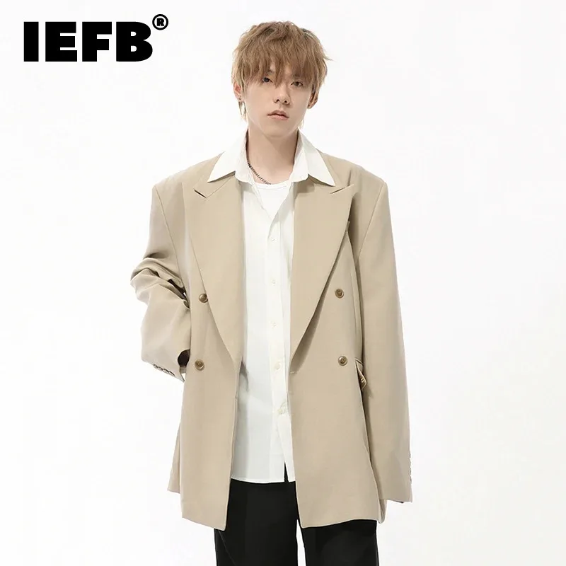 IEFB Korean Style Men's Blazers Double Breasted Shoulder Padded Tops Turn-down Collar Solid Color Loose Male Suit Jackets 9C8669