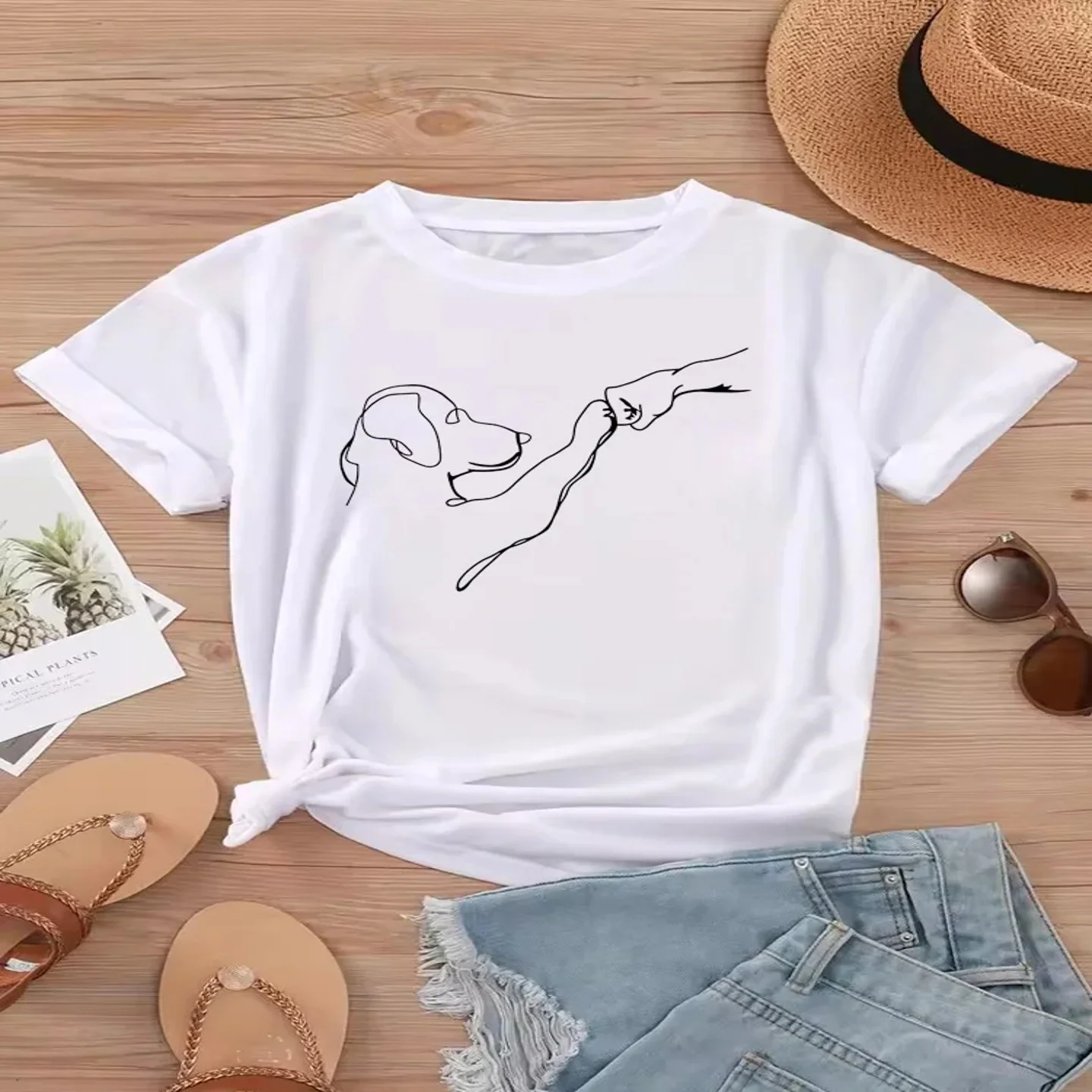 Chinois Sle ort Sve T-irt Dr pour les femmes tenue décontracté chien et personnes poinçon main Aphic imprimé T-shirt fibre d'acétate