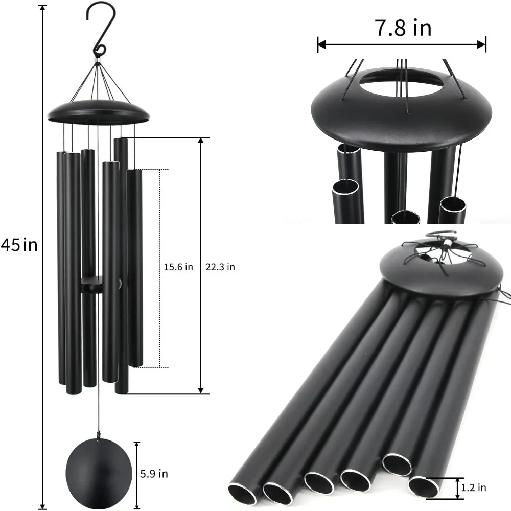 45 in Memorial Wind Chimes Large With 6 Heavy Tubes Sympathy Gifts. Black Macrame Home Decorations Room Decoration Outdoor Chime