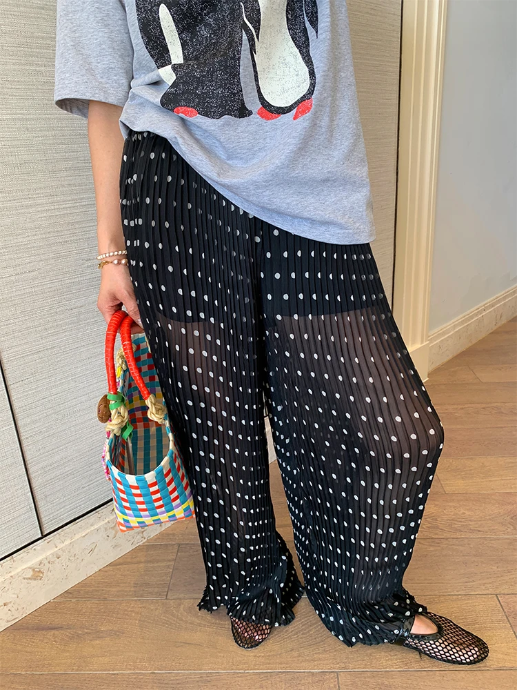 

Black Polka Dot Wide Leg Pants Skirt for Women Spring 2026 Loose Fit High Waist Polyester Fiber Casual Trousers