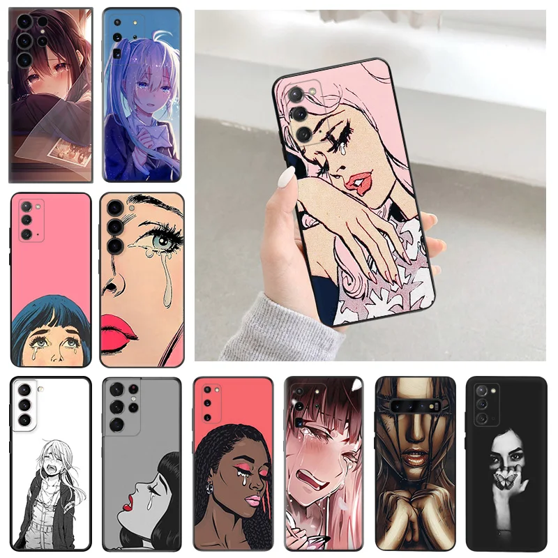 Cases For Samsung S24 Galaxy S21 FE S22 S23 Ultra 5G S20 Plus S10 Lite Cartoon Crying Girl Luxury Soft Phone Case Cover