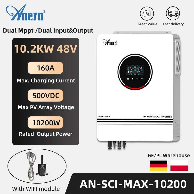 Anern 48V Hybrid Solar Inverter 10200W 8200W 230VAC Grid Tie Inverter Output PV 500VDC With Dual MPPT Tracker 160A Charger