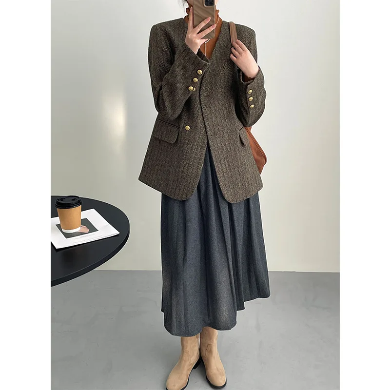 High-end visgraatpatroon blazer dameskleding herfst/winter V-hals Koreaanse mode commuter losse wollen jasje dames top