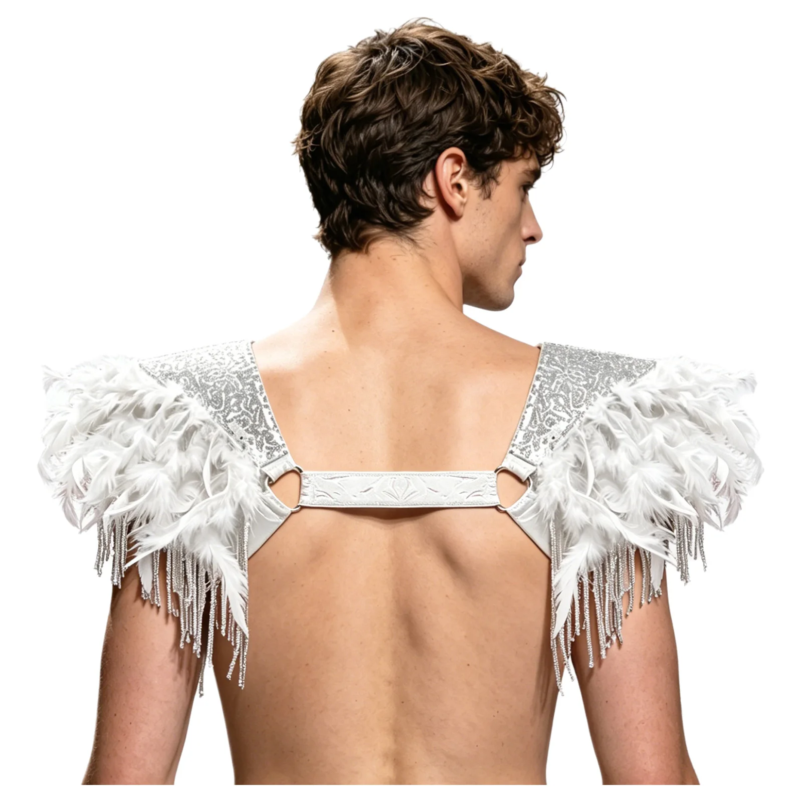 Men Women Medieval Gothic Armor Sequined Epaulet Shrug with Tassel Fringe and Feather Harness Costume for Masquerade Performance - view 2