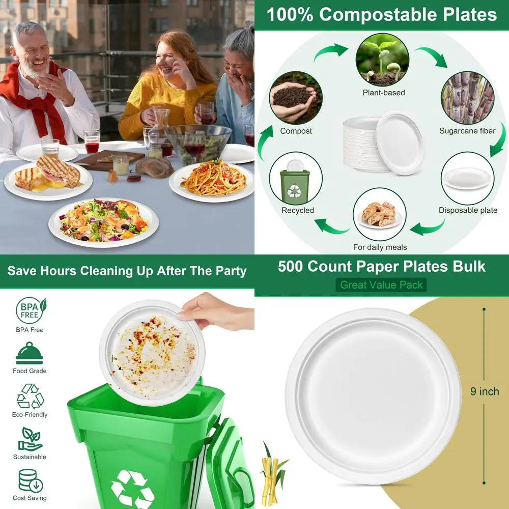 

Бумажные тарелки 9 дюймов, 500 штук в упаковке, прочные, компостируемые, белые, экологичные, биоразлагаемые, из сахарного тростника, одноразовые.