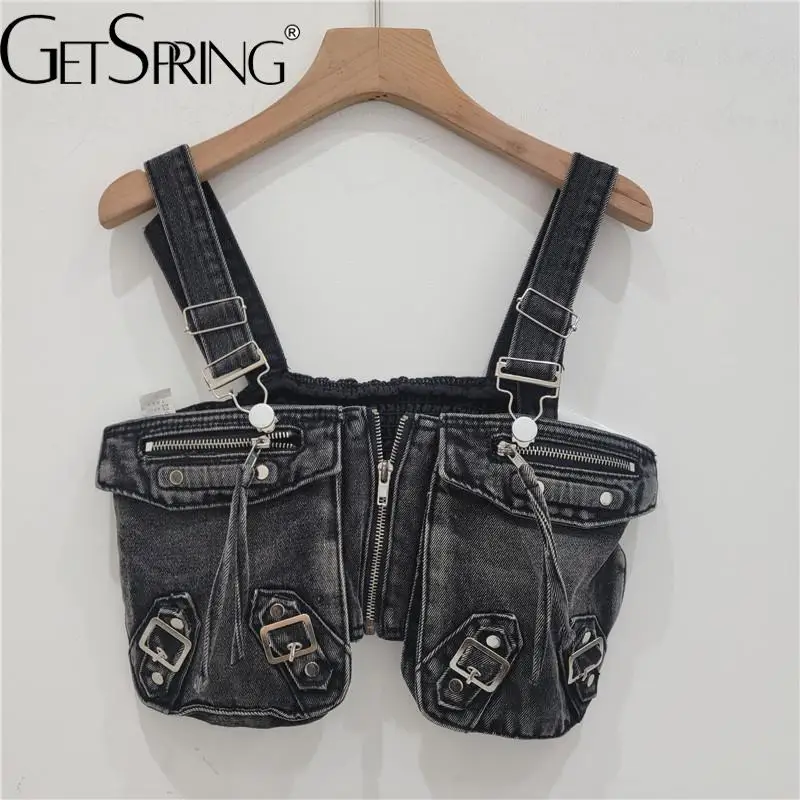 GetSpring Women Camis 2024 Autumn Retro Sleeveless Large Pockets Zipper Denim Tanks Fashion All Match Blue Black Jean Crop Tops