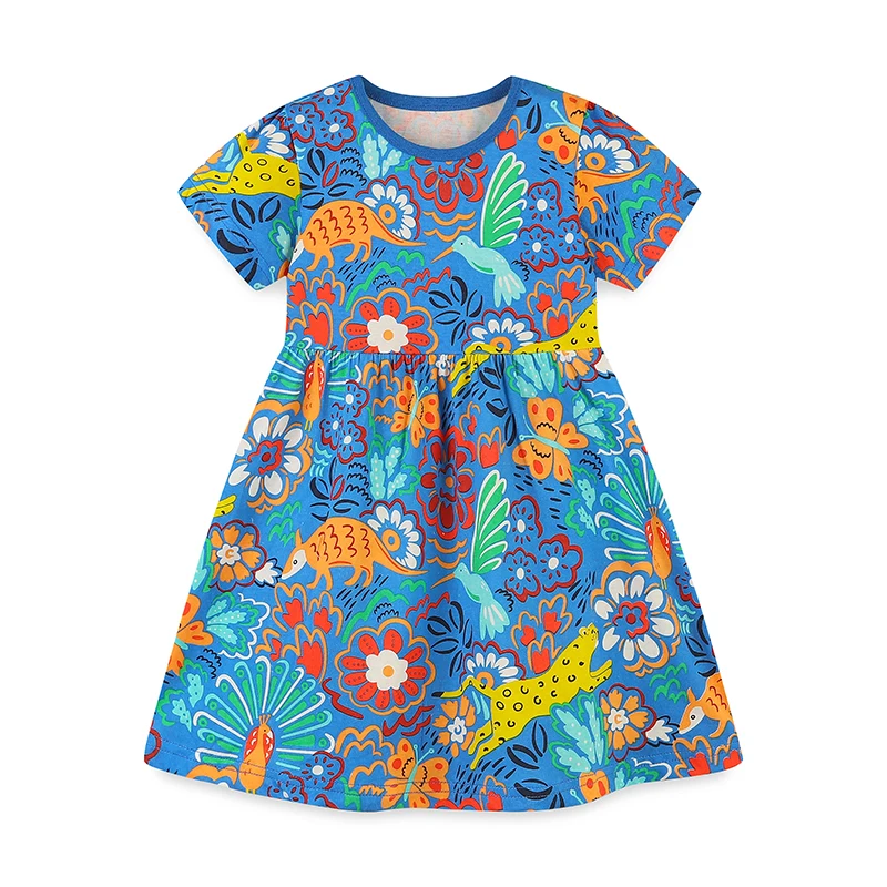 Single piece summer girls short sleeved dress casual cartoon jungle animal print princess dress 2-7Y