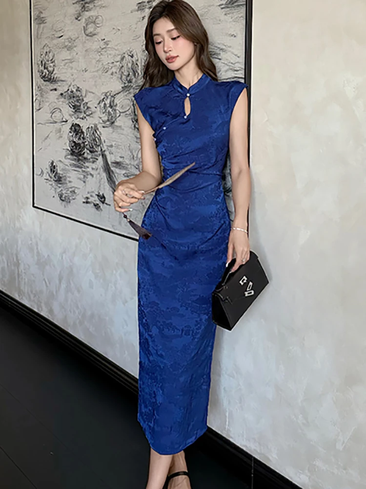 Vestido Midi ajustado plisado de Jacquard azul para mujer, vestido informal elegante para casa, vestido de fiesta de Festival ajustado Vintage coreano 2025