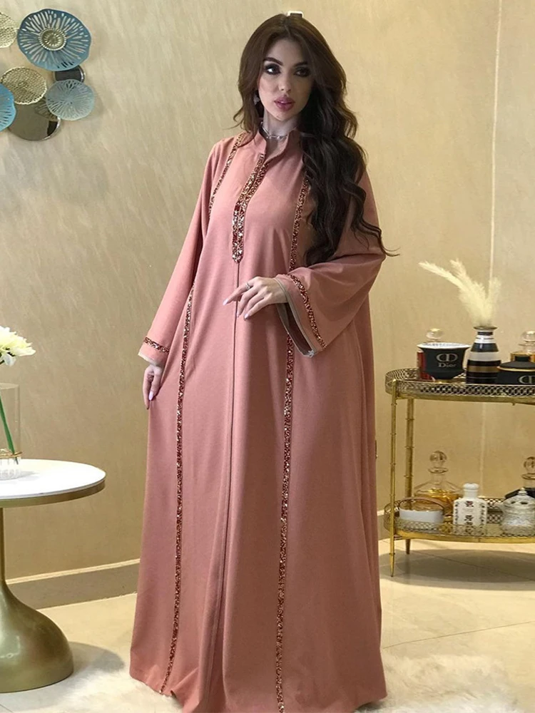 Morocco Abaya Women Dress Diamond Tape Trim Maxi Dress Autumn 2022 Stand Collar Long Sleeve Loose Oman Turkey Dubai Muslim Robe