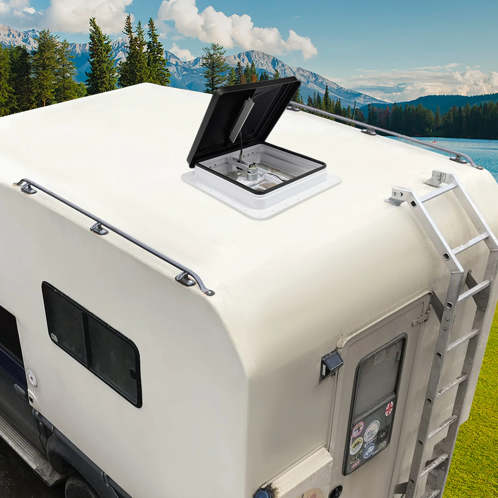 42x42cm RV-Dachluke 14x14 Zoll Standardöffnung Manuelle Ein-Knopf-Steuerung Lüfter mit Mückenschutz Weißer Rahmen Schwarze Abdeckung Wasserdicht UV-beständig für Wohnmobil Caravan Reisemobil