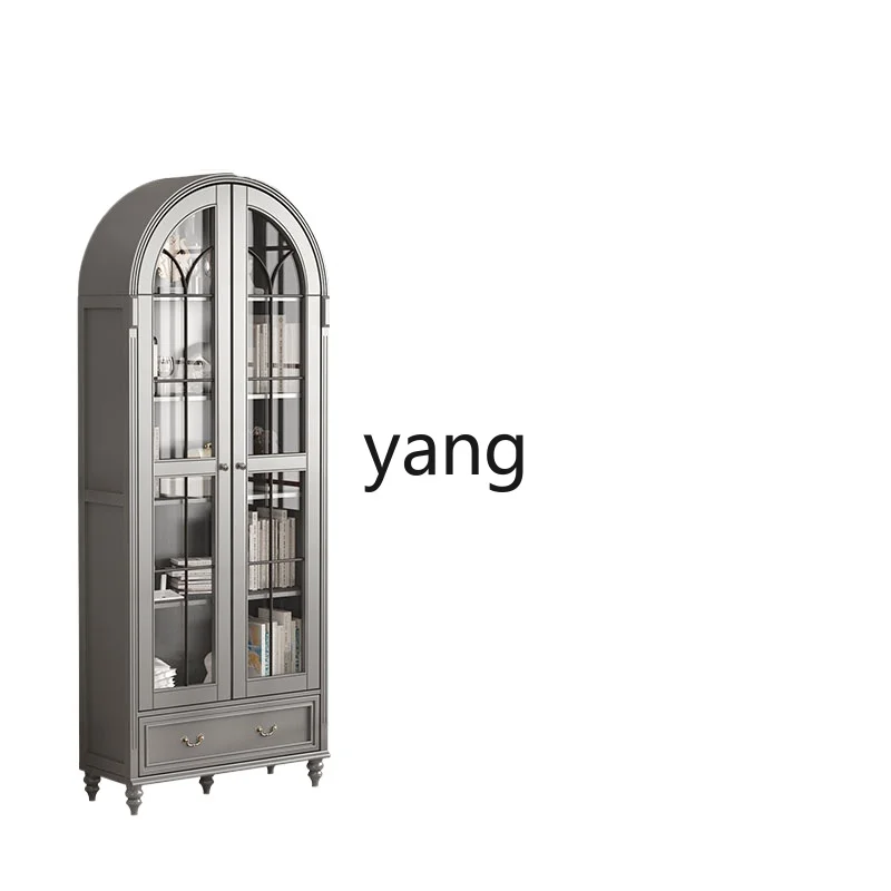 Yjq Solid Wood Customized High Grade Gray Light Luxury Arched Study Wine Cabinet Door Dustproof Display Cabinet