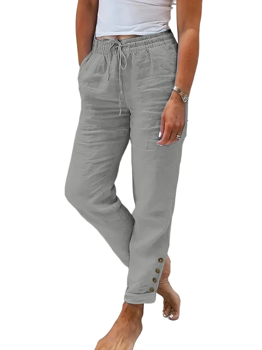 Women Fashion Plus Size Casual Loose Pants Casual High Waist Elastic Drawstring Trousers Solid Color Button Hem Streetwear
