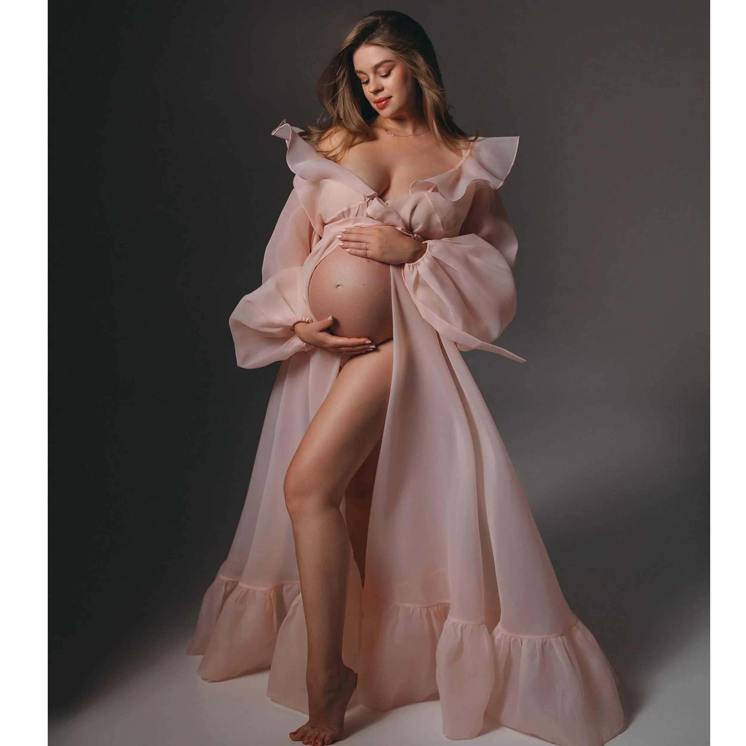 

Sexy Pink Maternity Dress Sheer V Neck Long Sleeve Pregnant Evening Gowns for Photoshoot Customized Sweep Train Babyshower Robe