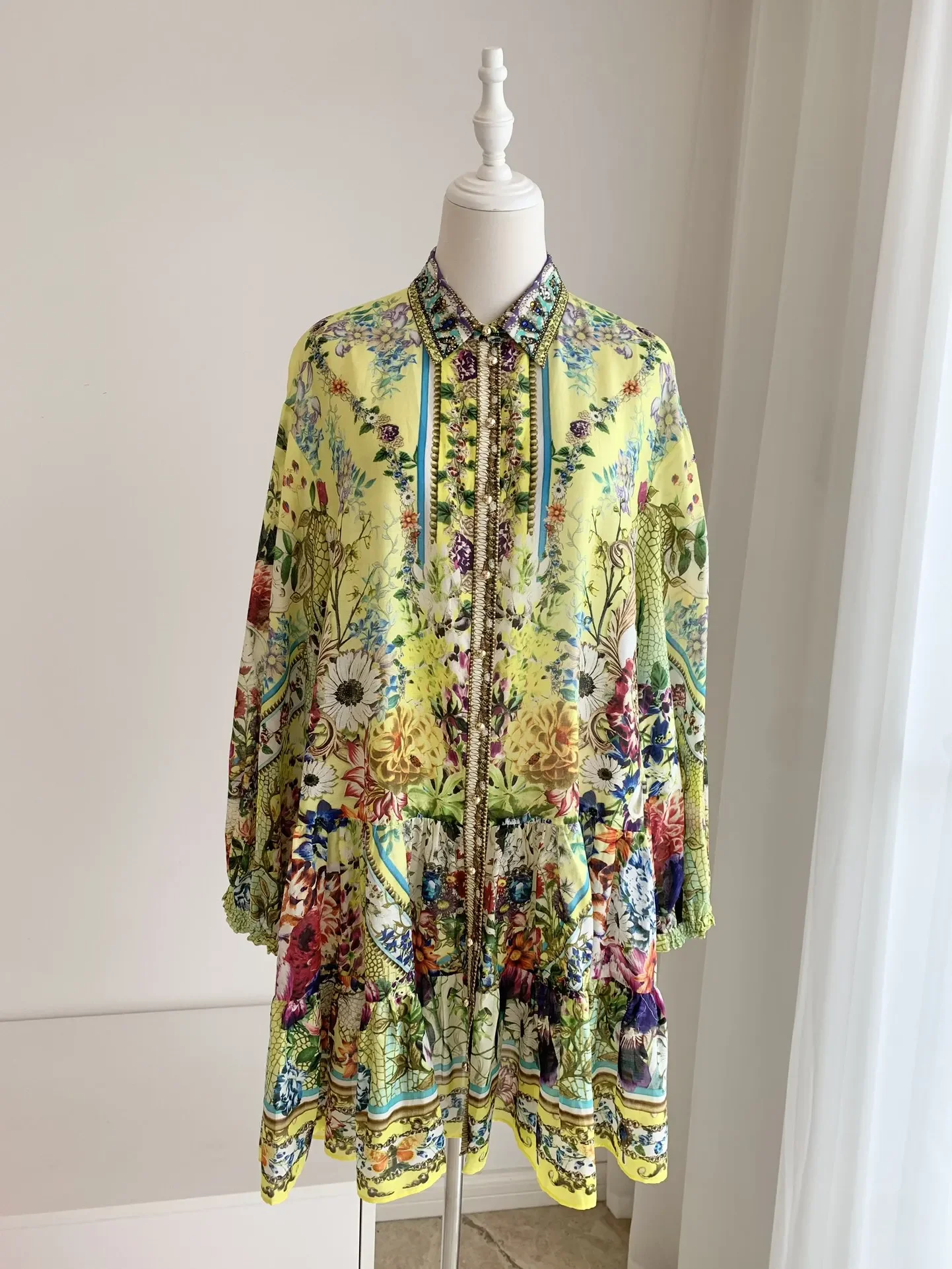 Women Yellow Dress Flower Print Turn-down Collar Single Breasted Vintage Mini Robe