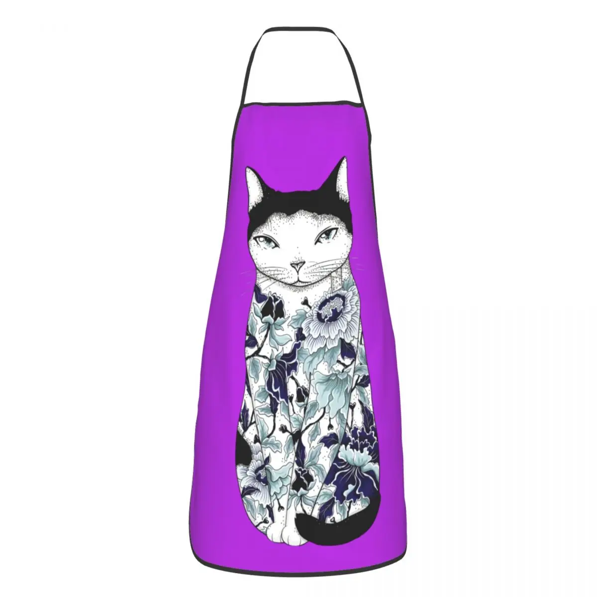 Custom Cat In Blue Peony Tattoo Apron Women Men Unisex Bib Cooking Kitchen Tablier Cuisine Chef Gardening