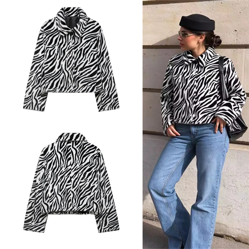 Guobioziy 2026 Winter Short Jacket Street Punk Style Turn-Down Collar with Buttons Zebra Print Loose Casual Party Fashion