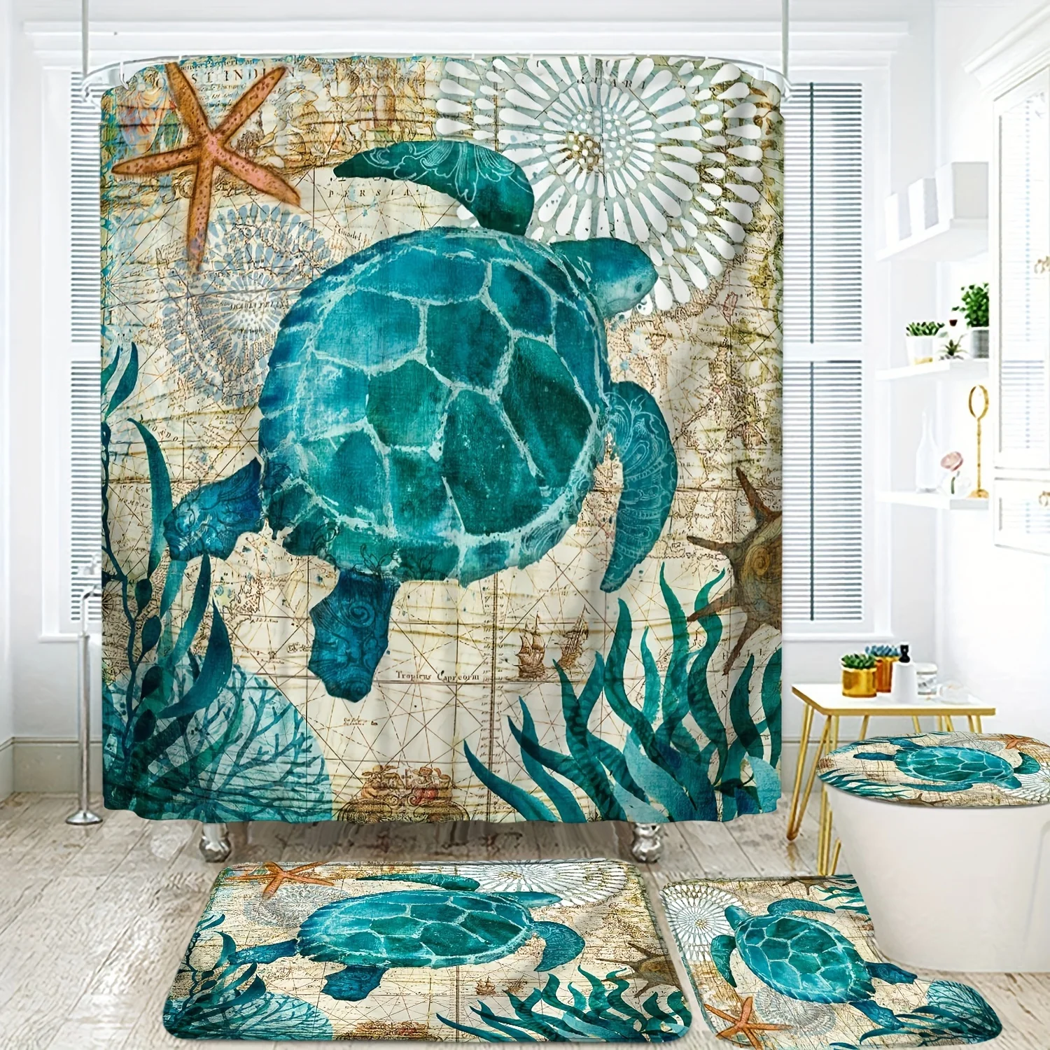 Turtle Seaweed Pattern Shower Curtain Set, Waterproof Bath Curtain With , U-shaped Mat, Toilet Cover Mat, L-shaped Mat, Bathroom