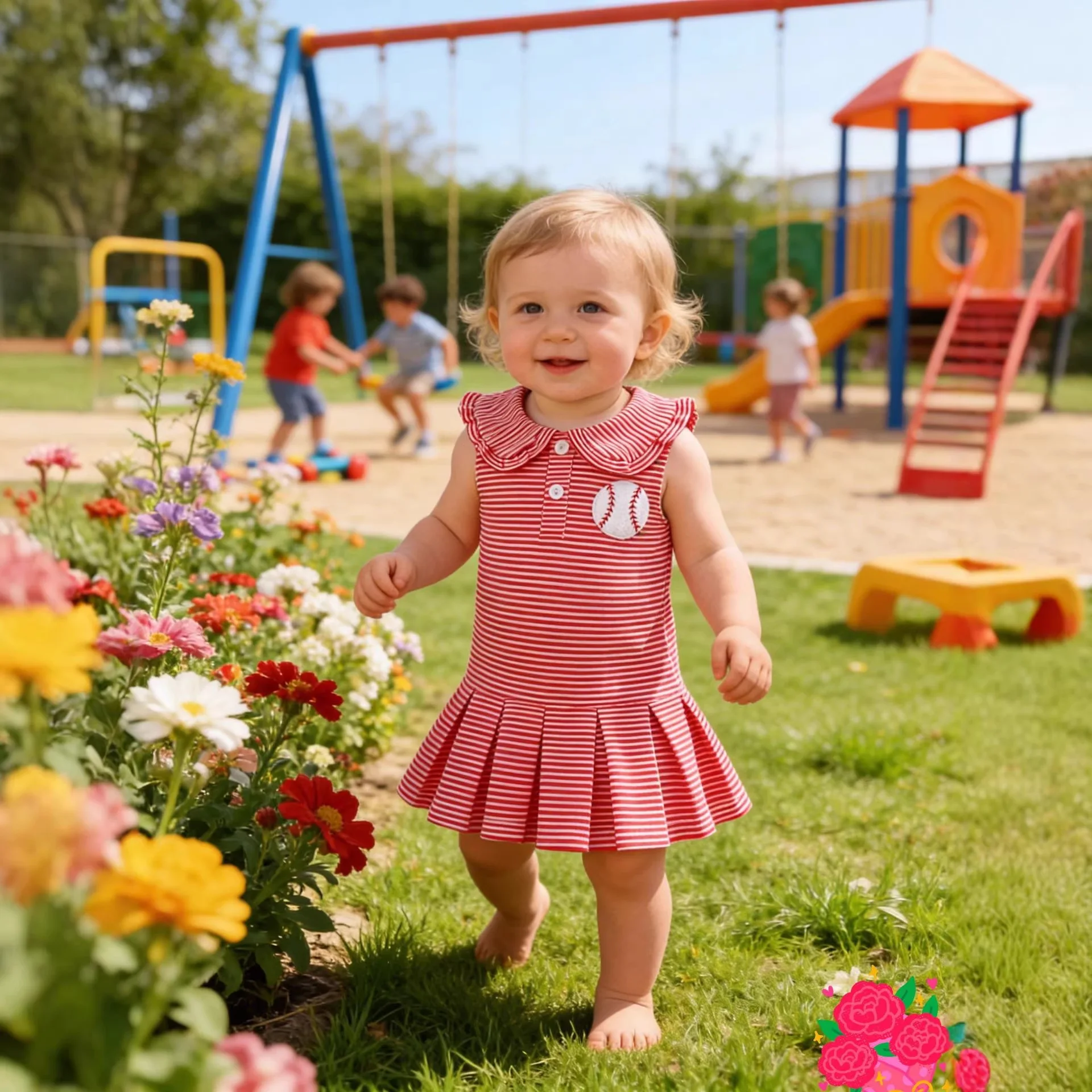 Spring/Autumn baseball-themed embroidered sleeveless striped collared dress for girls aged 1–4 – summer wear, sweet and cute