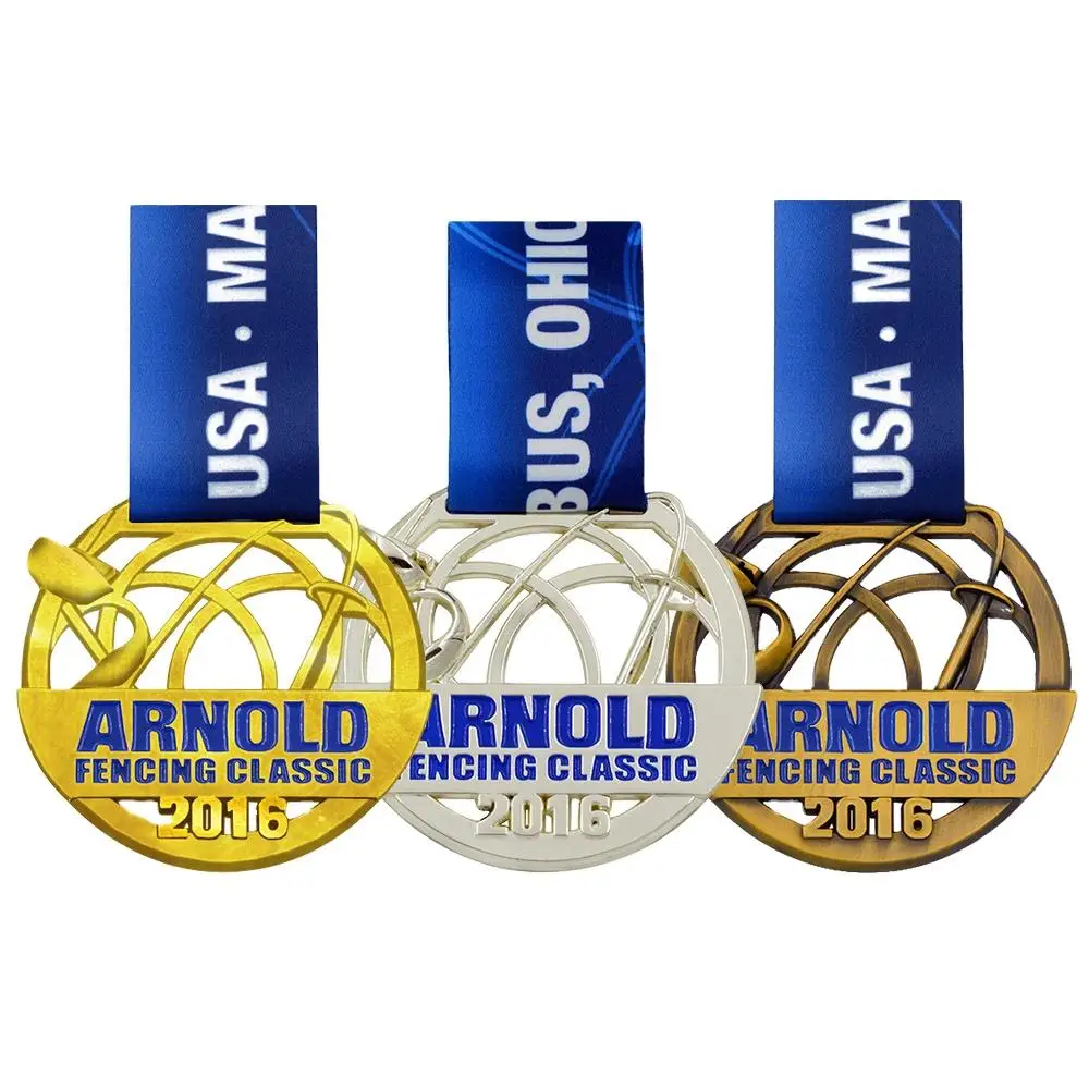 Quality custom soft enamel elegant sports fencing classic gold silver and bronze medals for sale