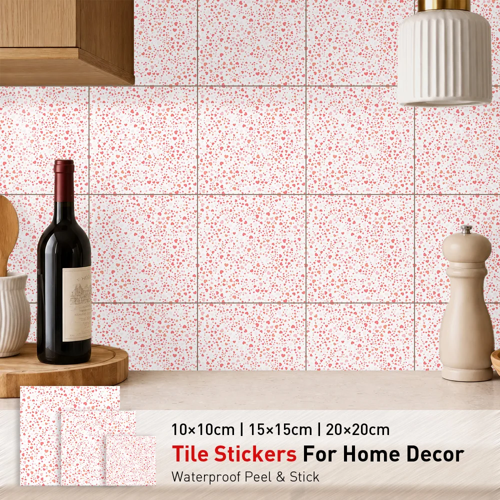 Coral Hearts Tile Stickers Waterproof Peel and Stick Self Adhesive Oil Proof Backsplash Decals Floral Wallpaper for Bloom Decor