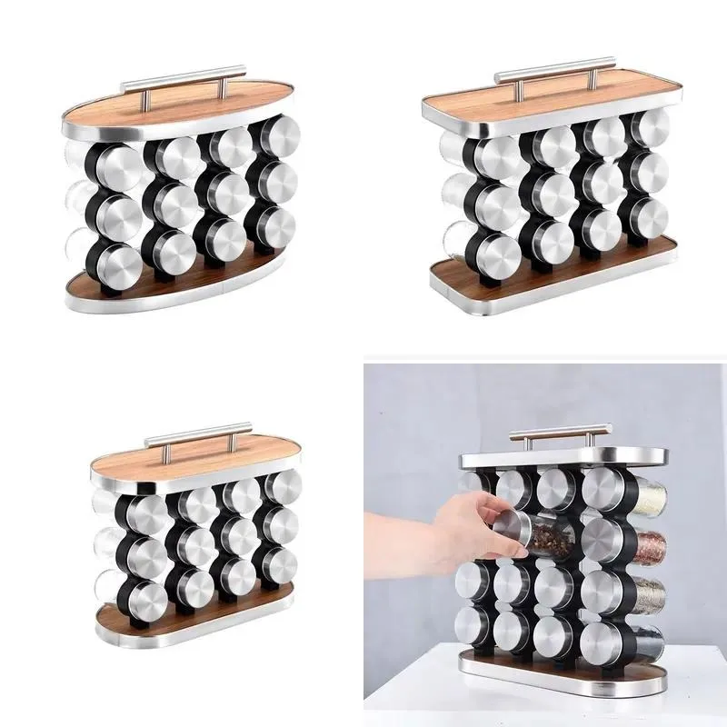 Kitchen Folding Expandable 2 Layer Metal Circular Rotating Spice Rack for Storing 20 Jars with Wooden Spices
