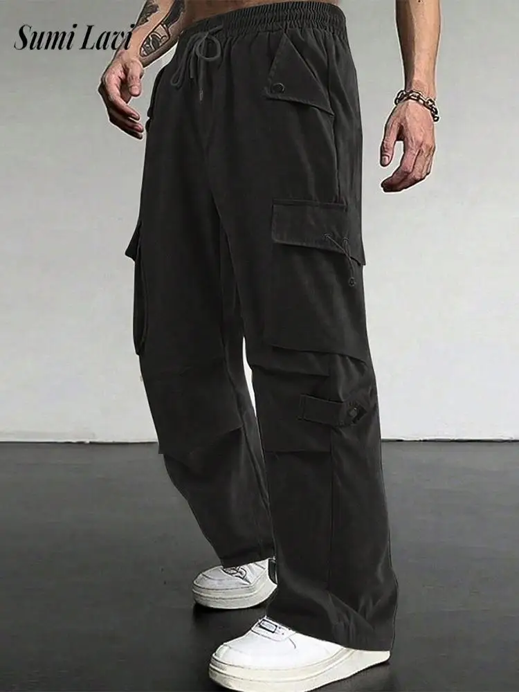 

Casual Solid Color Multi Pocket Cargo Pants Mens Fashionable Loose Straight Trousers Men 2026 Spring Fall Streetwear Trousers