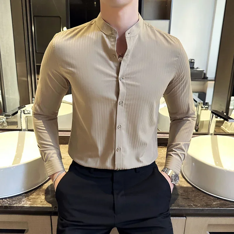 

Camisas De Hombre High Quality Striped Shirts For Men Fashion Stand Collar Slim Fit Long Sleeve Men's Social Shirt Formal Wear